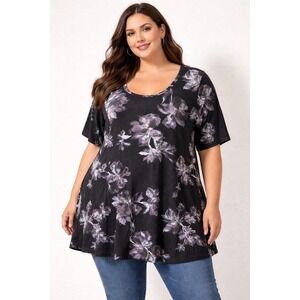 Torrid‎ Floral Swing Tunic Women 0 14/16 Black Purple Super Soft Jersey Knit
